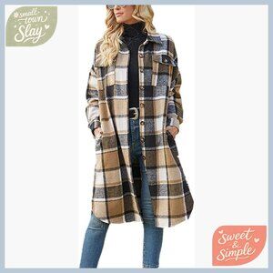 Women's Casual Flannel Plaid Shacket Long Sleeve Button Down Jacket